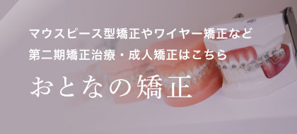 マウスピース型矯正やワイヤー矯正など第二期矯正治療・成人矯正はこちら　おとなの矯正